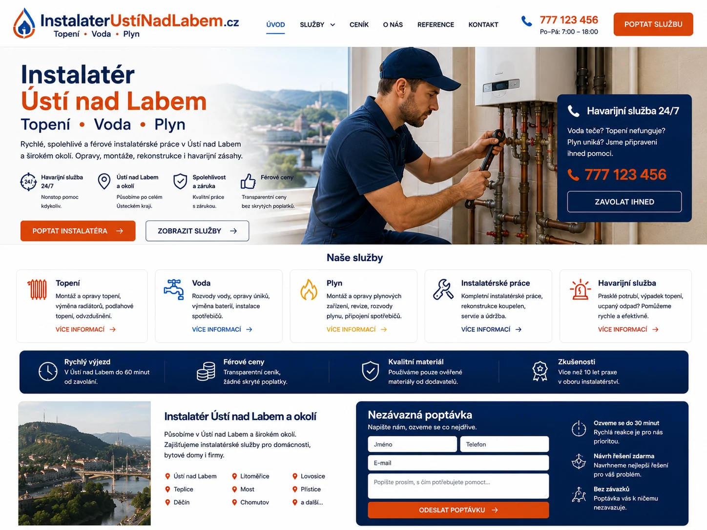 Návrh webu InstalaterUstiNadLabem.cz pro vodu, topení, plyn a havarijní zásahy